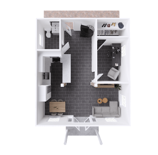 Floor Plan  A top-down view of a small apartment with a kitchen, living room, and bathroom.