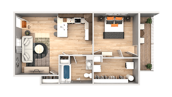 Floor Plan  A top-down view of a living room, kitchen, and dining area.