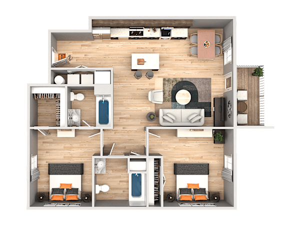 Floor Plan  A top-down view of a house layout with a kitchen, living room, and two bedrooms.