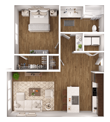 Floor Plan  A modern apartment layout with a living room, kitchen, and bathroom.