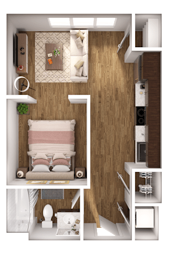 Floor Plan  A modern bedroom with a bed, nightstand, and a wall-mounted shelf.