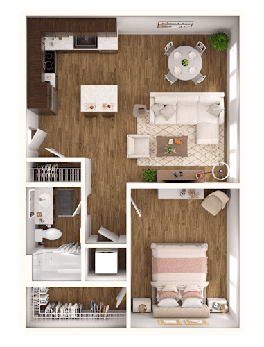 Floor Plan  A top-down view of a small apartment with a kitchen, living room, and bedroom.