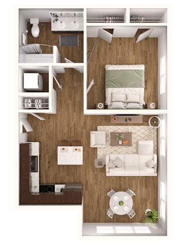 Floor Plan  A top-down view of a small apartment with a bedroom, living room, and kitchen.