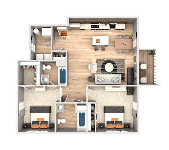 Floor Plan  A top-down view of a house layout with two bedrooms, a living room, a kitchen, and a bathroom.