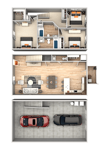 Floor Plan  A top, a middle, and a bottom floor plan of a house with a car parked in the garage.