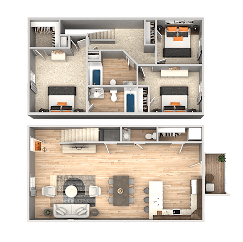 Floor Plan  A top and bottom floor plan of a house with a living room, kitchen, and bedrooms.