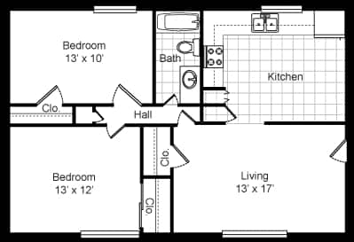Floor Plan  A floor plan of a small apartment with a living room, kitchen, and two bedrooms.