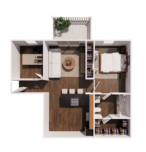 Floor Plan  A top-down view of a small apartment with a kitchen, living room, and bedroom.