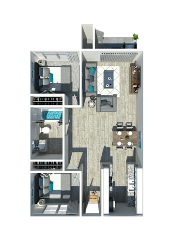 Floor Plan  A 3D floor plan of a small apartment with a kitchen, living room, and bathroom.