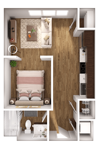 Floor Plan  A top-down view of a small, neatly organized bedroom with a bed, nightstand, and a small kitchenette.