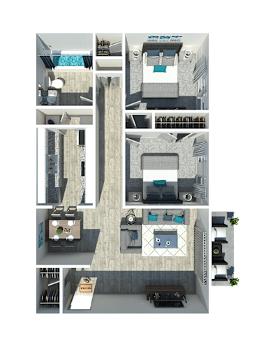 Floor Plan  A 3D floor plan of a house with a swimming pool.