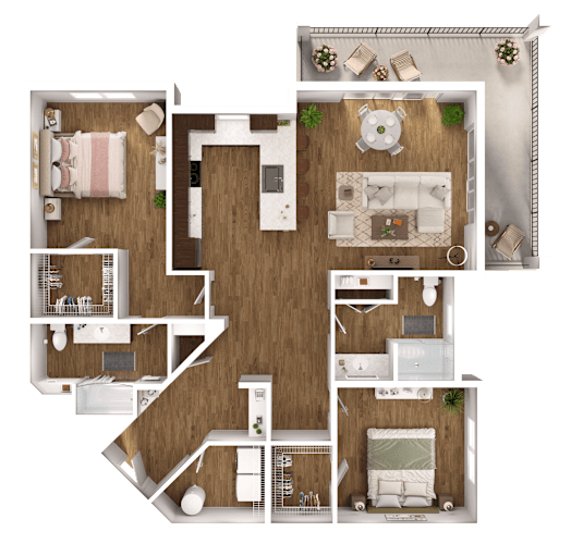 Floor Plan  A detailed 3D floor plan of a house layout.