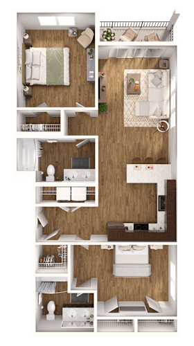 Floor Plan  A top-down view of a small apartment layout with a kitchen, living room, and bedrooms.