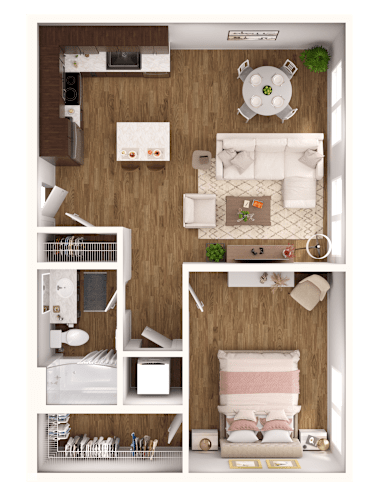 Floor Plan  A top-down view of a small apartment with a living room, kitchen, and bedroom.