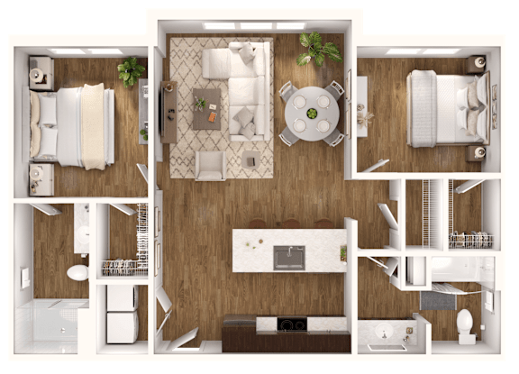 Floor Plan  A top-down view of a modern apartment layout with a kitchen, living room, and bedrooms.