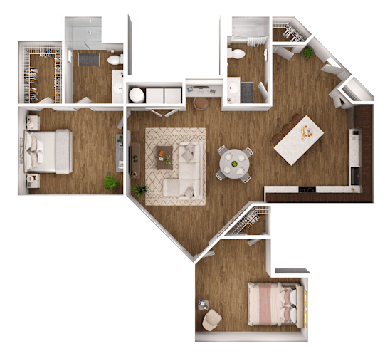 Floor Plan  A top-down view of a house layout with a living room, kitchen, and bedrooms.