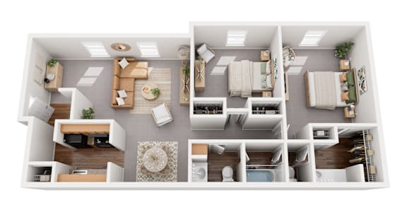 Floor Plan  A top-down view of a modern apartment layout with a kitchen, living room, and bedrooms.