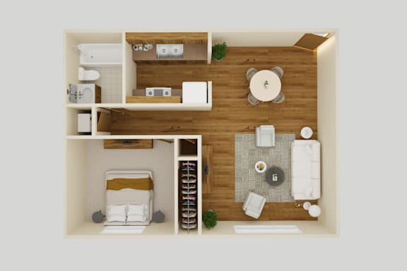 Floor Plan  a 3d rendering of a bedroom and living room with wood flooring