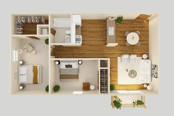 Floor Plan  a 3d rendering of a bedroom and living room with wood flooring and furniture
