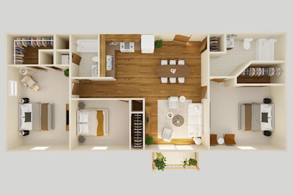 Floor Plan  a 3d rendering of a bedroom and living room with a wood floor