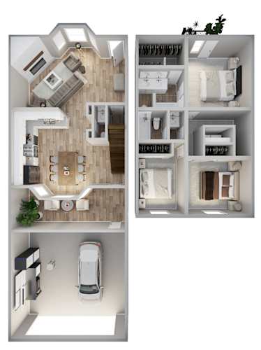 Floor Plan  a stylized floor plan of a house with a bedroom and a garage