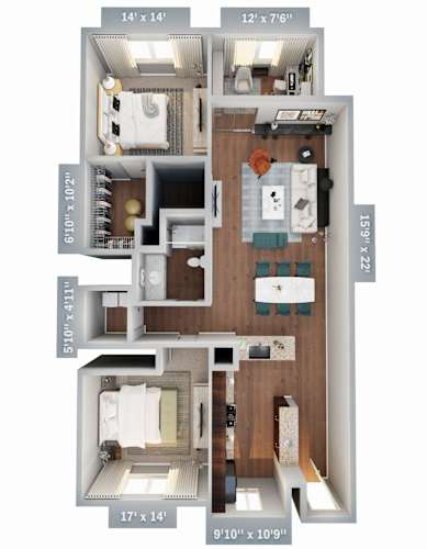 Floor Plan  a stylized floor plan of a 2100 sq ft apartment