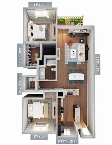 Floor Plan  a stylized floor plan of a 2100 sq ft apartment