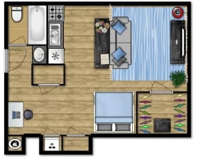 Floor Plan  a bedroom with a bed and a chair in a room