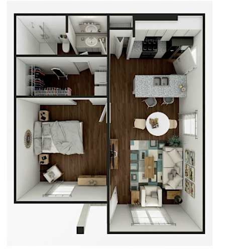 Floor Plan  a bedroom with a bed and a chair in a small room