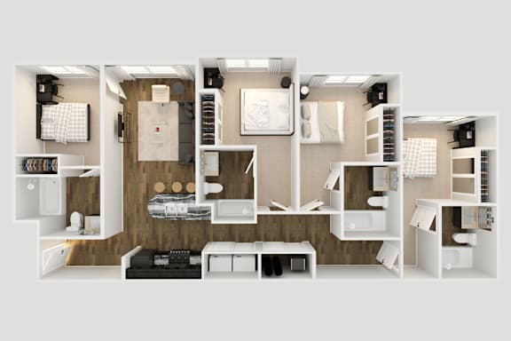 Floor Plan  a 3d floor plan of a bedroom with a bathroom and a living room
