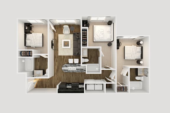 Floor Plan  a 3d floor plan of a bedroom with a bathroom and a living room