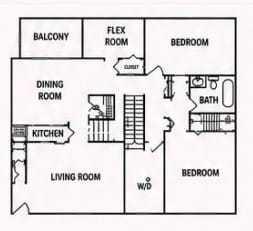 Floor Plan  A black and white image of a floor plan for a home with a living room, dining room, kitchen, bedrooms, and bathrooms.
