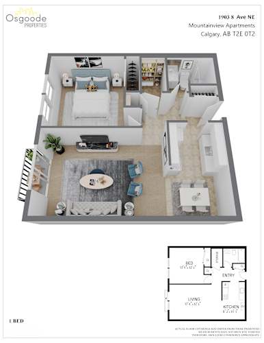 Floor Plan  A floor plan of a one bedroom apartment from Osgoode Properties.