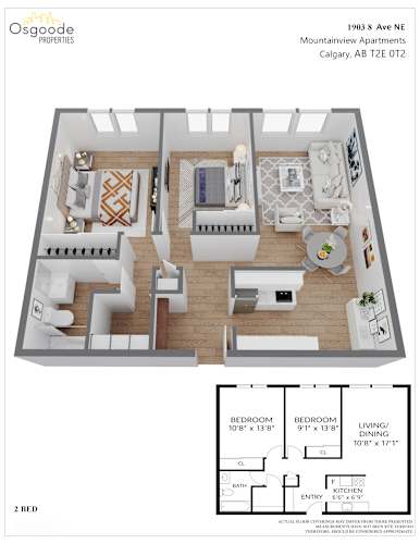 Floor Plan  A floor plan for a 2 bedroom apartment at 1903 8 Ave NE, Mountainview Apartments, Calgary, AB T2E 0T2.