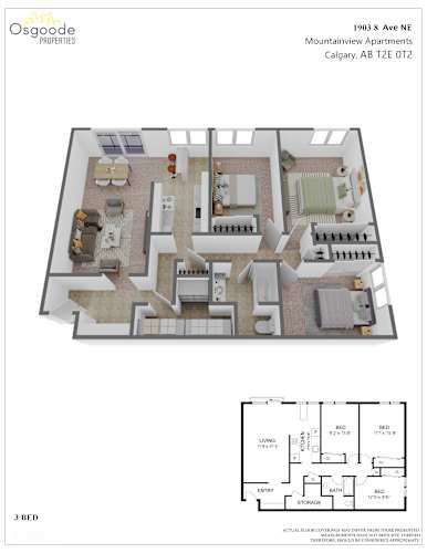 Floor Plan  A 3 bedroom apartment floor plan from Osgoode Properties.