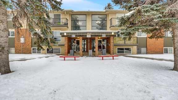 A snowy scene with a building in the background.