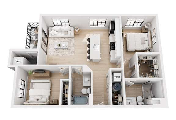Floor Plan  A top-down view of a modern apartment layout.