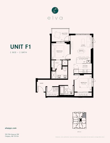 Floor Plan  A floor plan for a unit called Elva shows a 2 bedroom and 2 bathroom layout.