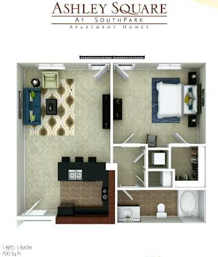 Floor Plan  A floor plan of a 1 bedroom, 1 bath apartment at SouthPark Apartment Homes.