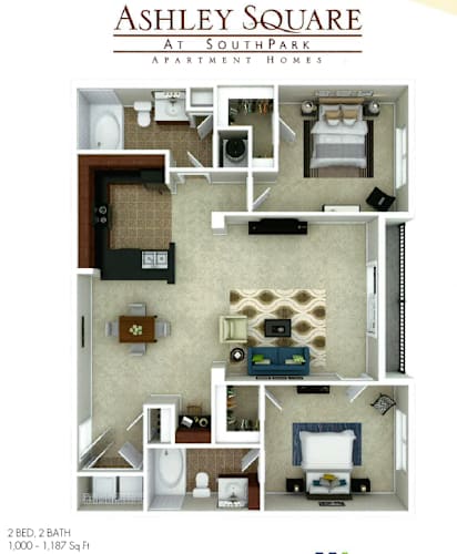 Floor Plan  A floor plan of a 2 bedroom, 2 bath apartment at SouthPark Apartment Homes.