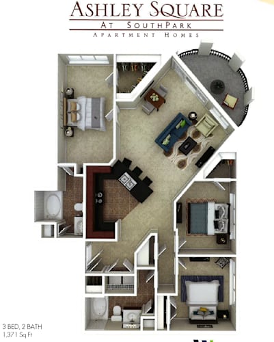 Floor Plan  A floor plan of a 3 bedroom, 2 bathroom apartment at SouthPark.