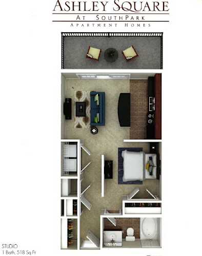 Floor Plan  A poster for Ashley Square at Southpark Apartment Homes shows a studio apartment with a bathroom, kitchen, and living room.