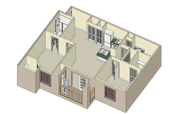 Floor Plan  A 3D diagram of a building with multiple rooms and windows.