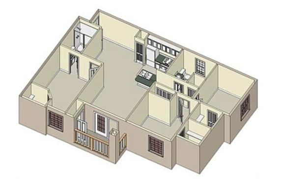 Floor Plan  A 3D diagram of a multi-level building with rooms and corridors.