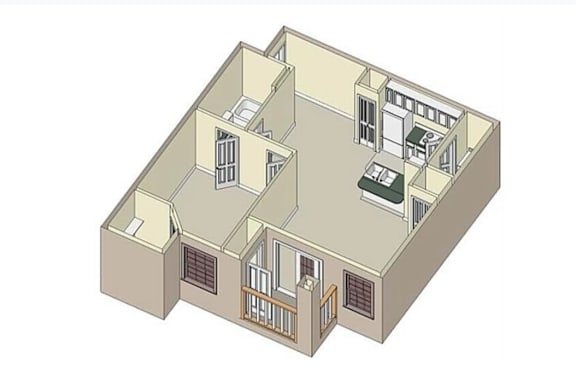 Floor Plan  A 3D isometric view of a house with multiple rooms and windows.