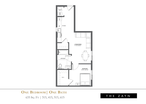 Floor Plan  A floor plan of a one bedroom apartment with one bath.