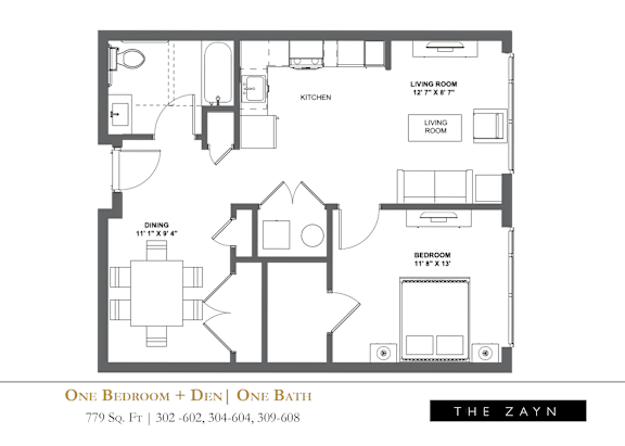 Floor Plan  A black and white image of a floor plan for a one bedroom, one bathroom apartment.