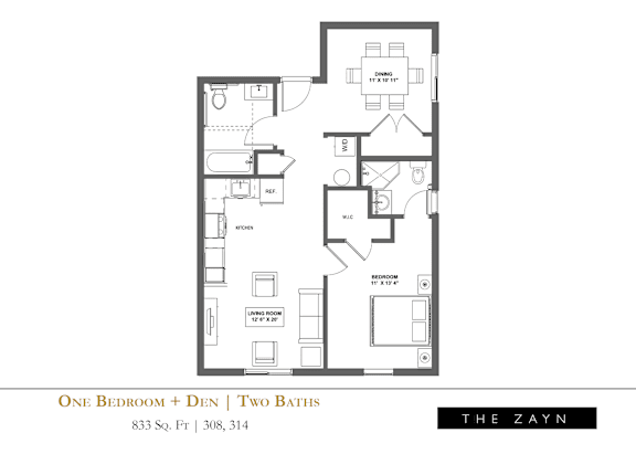 Floor Plan  A black and white image of a floor plan for a one bedroom apartment with two bathrooms.