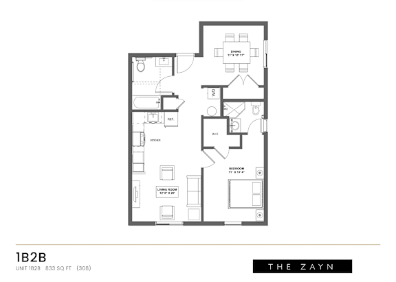 Floor Plan  A black and white image of a floor plan for an apartment named The Zayn.