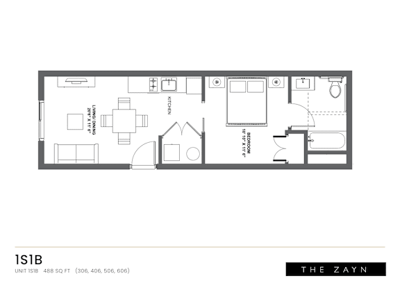 Floor Plan  A black and white image of a floor plan for an apartment.